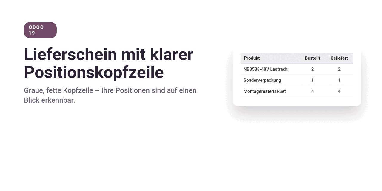 Odoo 19 Lieferschein mit hervorgehobener Kopfzeile