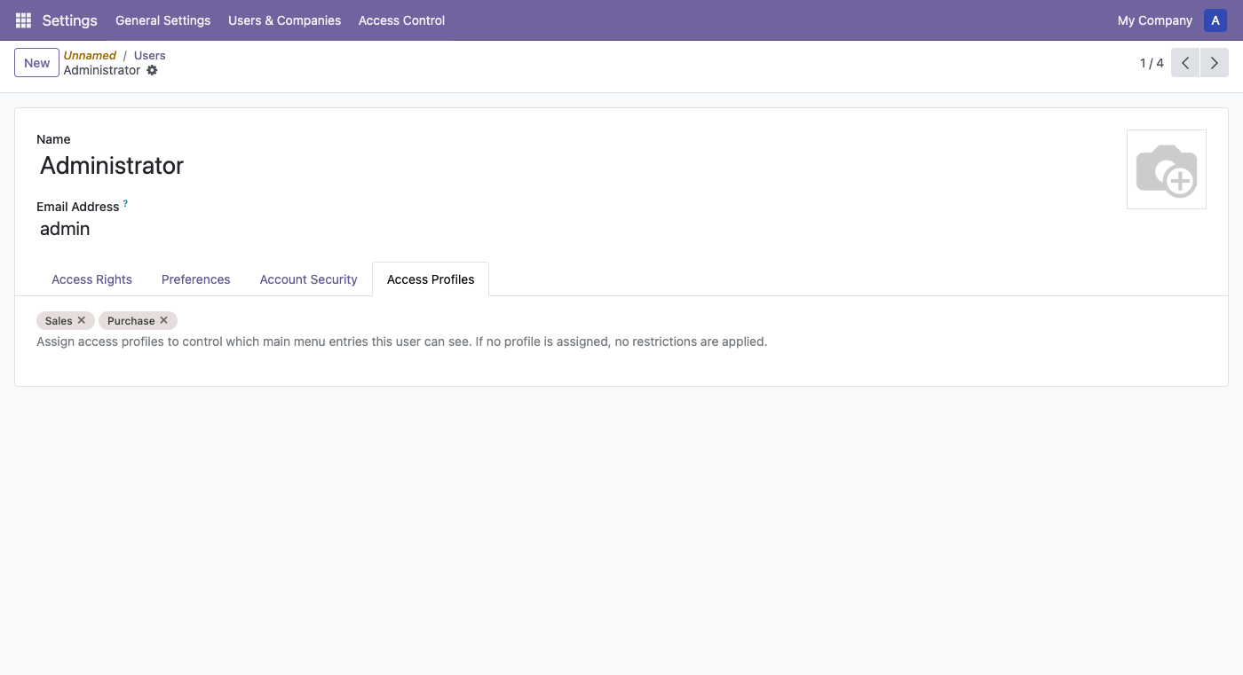 User form with Access Profiles tab