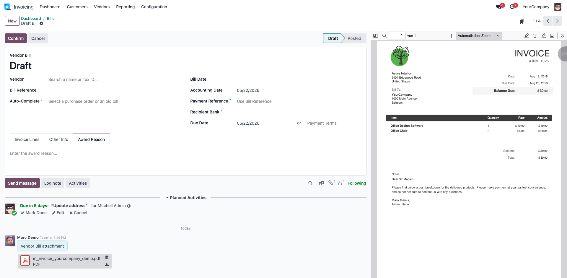 Award Reason tab on Vendor Bill