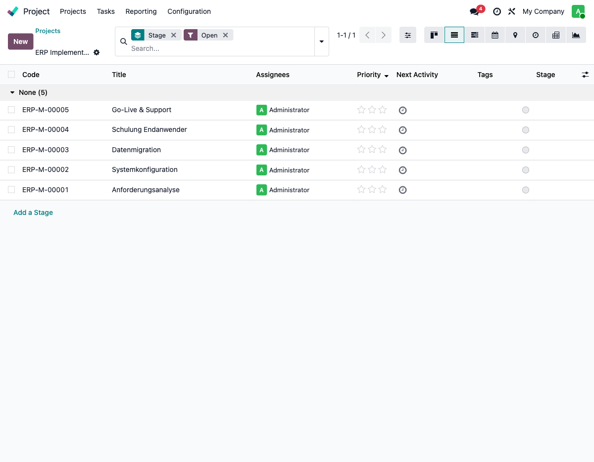 Aufgabenliste mit Task-Codes