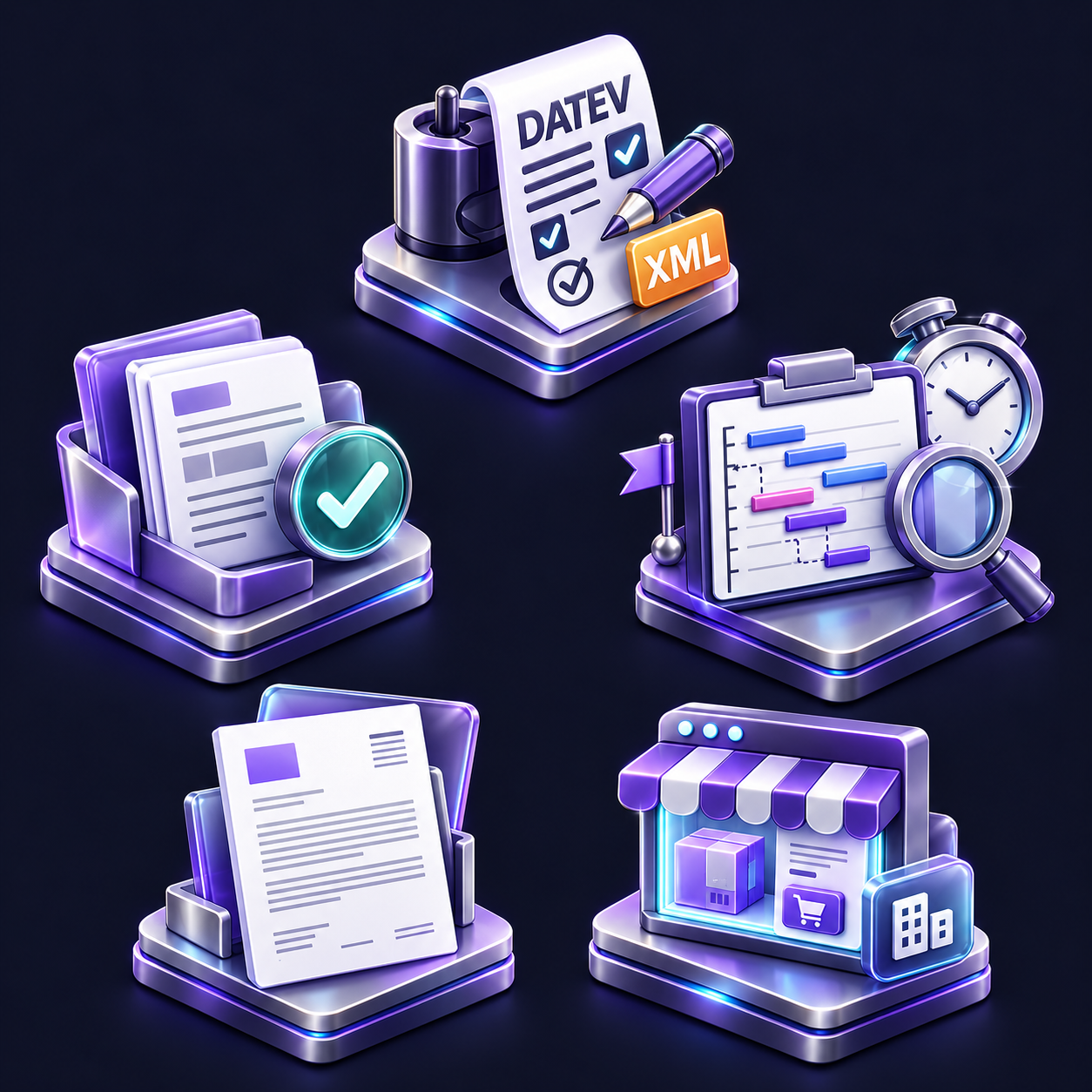 Fünf Detalex-Addons: DATEV, Freigaben, Projektplanung, deutsches Beleglayout und B2B-Webshop