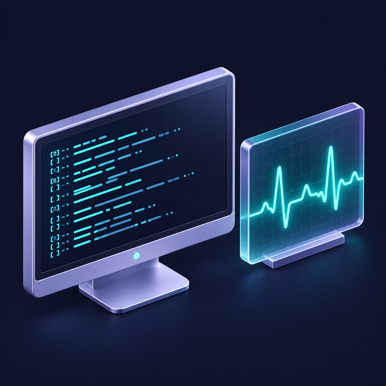 Betrieb und Support: Monitor mit laufenden Logs und Systemstatus-Kurve